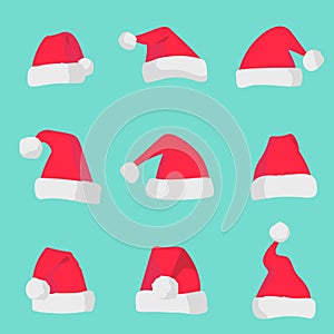 Red Santa Claus hats isolated on colorful background. Symbol of Christmas holiday santa hat set.