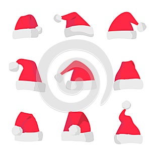 Red Santa Claus hats isolated on colorful background. Symbol of Christmas holiday. Vector santa hat set.