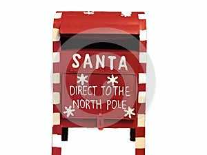 Red Santa Claus mailbox with text Direct to the North Pole isolated on white. Christmas concept