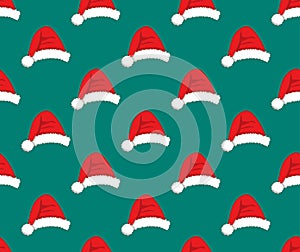 Red Santa Hat Pompom on Green Teal Background. Vector Illustration.