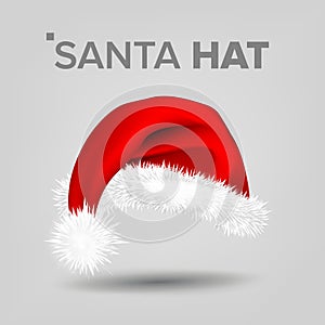 Red Santa Hat Vector. Traditional Costume. Winter Symbol. December Sign. Santa Claus Holiday Red And White Cap. Winter