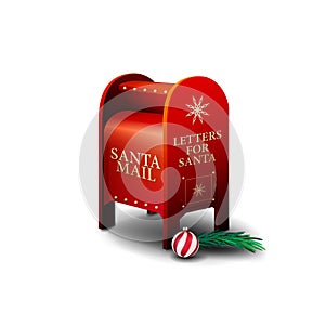 Red Santa letterbox with Christmas tree branch and ball isolated on white background