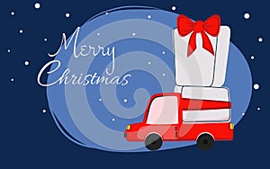 Red Santa`s truck with gift box. Merry Christmas and winter season