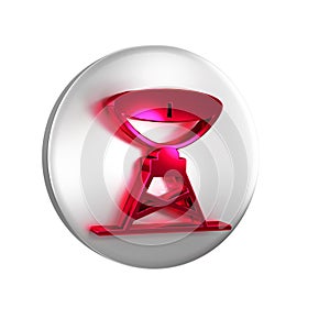 Red Satellite dish icon isolated on transparent background. Radio antenna, astronomy and space research. Silver circle