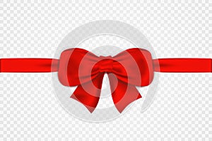 Red satin bow and horizontal ribbon isolated on transparent background. Tied luxury red bow for greeting card, gift box and other