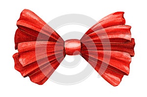 Red satin bow watercolor illustration. Hand drawn silk scarlet tied ribbon. Horizontal tied shiny ribbon to decorate