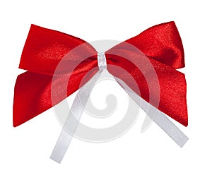 Red satin bow white ribbon isolated