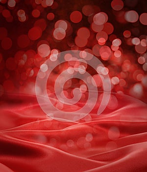Un fondo abstracto con una combinación de raso rojo material y luces de Navidad de la creación de 