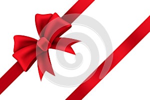 Red satin gift bow. Package of holiday present vector ribbon decoration