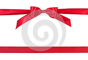 Red satin gift ribbon bow and ribbon without bow, isolated on white background, top view