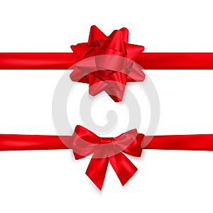 Red satin ribbon and bow top view. Decoration element for Valentines day or other holiday. Vector isolated on white background