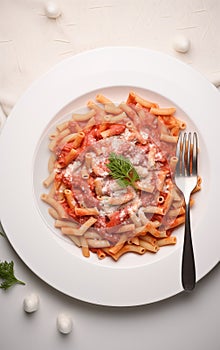 Red sauce penne pasta in a white pasta plate, top view fine dining restaurant