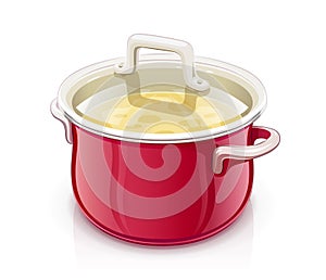 Red saucepan with lid. Kitchen tableware.