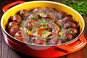red sausages drenched in homemade frothy beer onion marinade in a pyrex dish