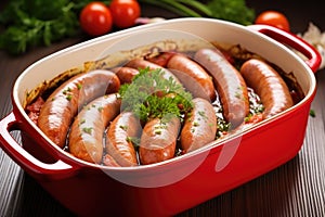 red sausages drenched in homemade frothy beer onion marinade in a pyrex dish