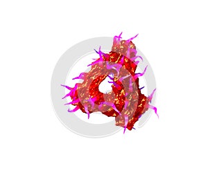 Red scary jelly with pink tentacles isolated on white background - number 4 of scary alien font, 3D illustration of symbols