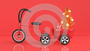 Red scene of christmas background new year holiday concept with kid tricycle-bike trailer load abstract christmas tree gift box re