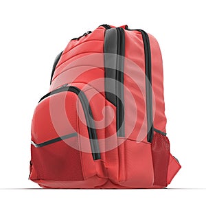 Red school backpack isolated on white.Sport travel rucksack closeup. 3D illustration