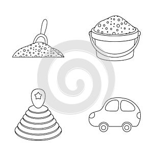 A red scoop in the sand, a green bucket with sand, a multi-colored pyramid, a blue toy car. Toys set collection icons in