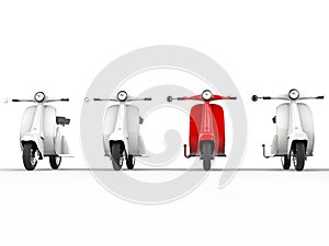 Red scooter amongst white scooters