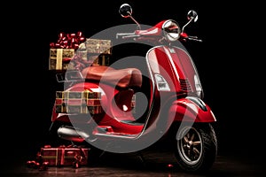 Red scooter with Christmas gift box, side view, delivery concept, isolated model on black background