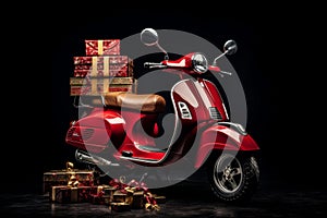 Red scooter with Christmas gift box, side view, delivery concept, isolated model on black background