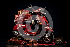 Red scooter with Christmas gift box, side view, delivery concept, isolated model on black background