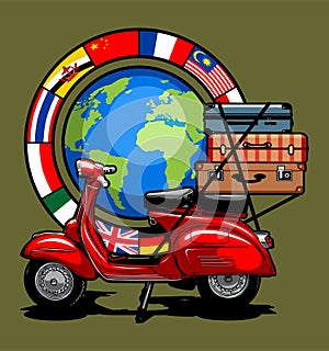 red scooter with travel bags and world globe