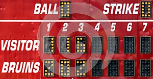 A red score board at a softball game