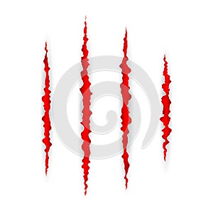 Red scratch set. Claws scratching animal scrape track. Vector illustration