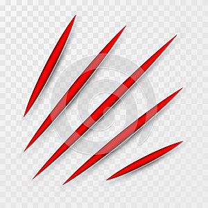 Red scratch set. Claws scratching animal scrape track. Vector illustration