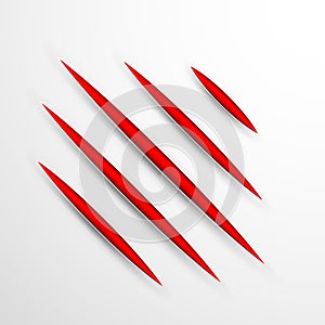 Red scratch set. Claws scratching animal scrape track. Vector illustration