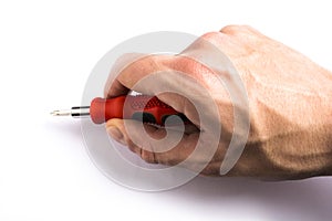 Red screwdriver in hand on a white background