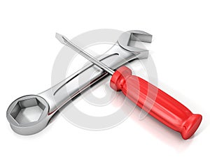 Red screwdriver and wrench spanner on white background