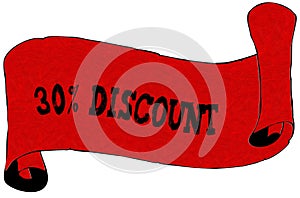 Red scroll paper with 30 PERCENT DISCOUNT text.