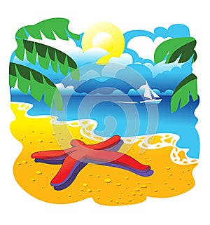 Red sea star on sand, tropical paradise beach with palms, ocean and ship on background, seascape, summer time, vacation