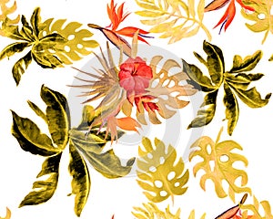 Red Seamless Backdrop. Autumn Banana Leaf Print. Yellow Tropical Print. Orange Pattern Print. Floral Illustration. Monstera Leaves
