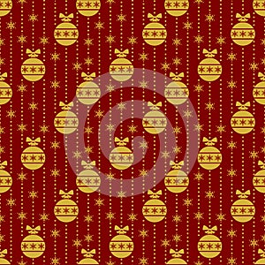 Red seamless pattern with gold Christmas balls.