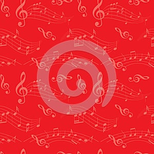 Red seamless pattern with wavy music notes - vector background