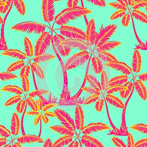 Red Seamless tropical palms pattern. Summer endless hand drawn vector green background of palm trees can be used for wallpaper,