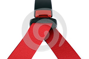 Red seat belt clasped on the lock