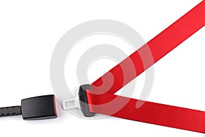 Red seat belt with a fastener and the lock