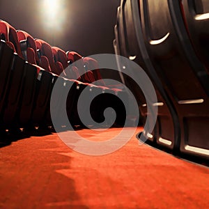 Red seats in an empty movie theater with no audience in the seats, no one
