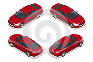 Red Sedan Car. Flat isometric high quality city transport icon set. Vector illustration.