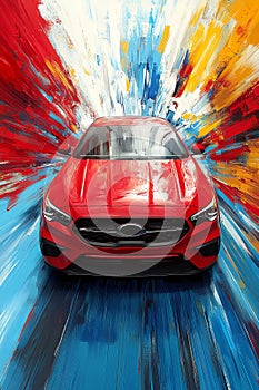 Red Sedan Front View: Digital Painting on Blue photo