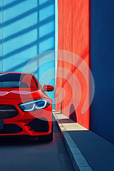 Red Sedan Front View: Digital Painting on Blue photo