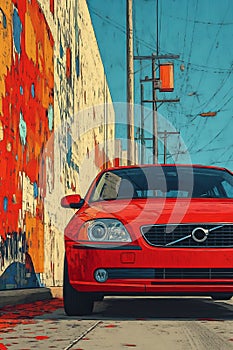 Red Sedan Front View: Digital Painting on Blue photo
