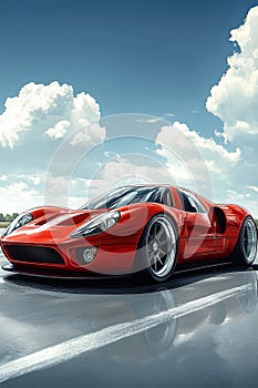 Red Sedan Front View: Digital Painting on Blue photo