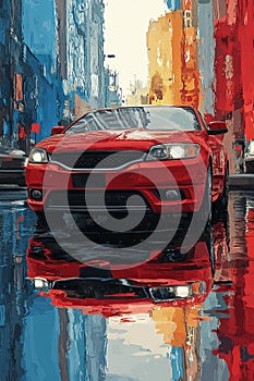 Red Sedan Front View: Digital Painting on Blue photo