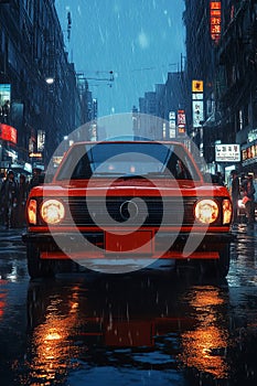 Red Sedan Front View: Digital Painting on Blue photo
